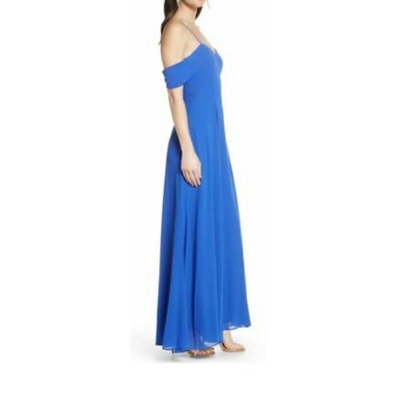 Cold Shoulder Tie Back Crepe Gown NEW Blue - Picture 3 of 4